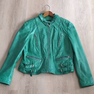 XL Velvet Heart Emerald Green Leather Moto Jacket with Buckles